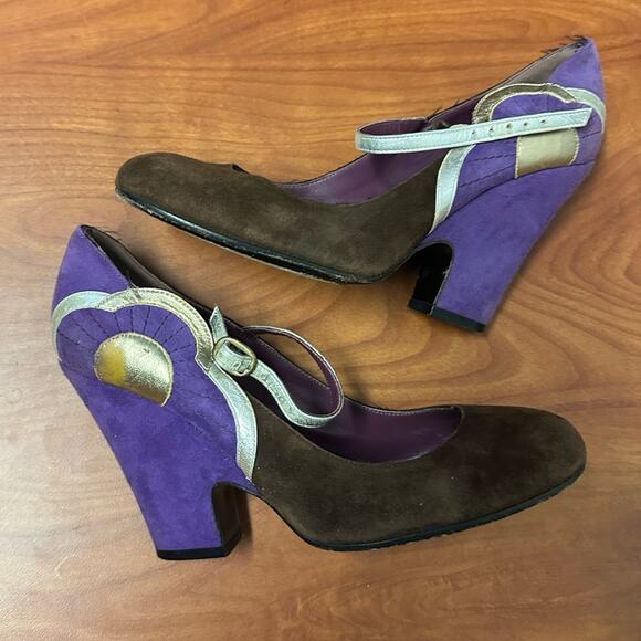 Marc Jacobs Brown Purple Mary Jane Heels Color Block Metallic Accents Size 37 - Picture 6 of 16